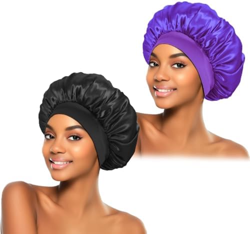 ZHENSILK 2Pcs Silk Bonnet for Sleeping, Satin Hair Bonnets, Soft Elastic Band Silk Sleep Cap, Hair Wrap for Women(Black Purple) by ZHENSILKFocusonhaircare