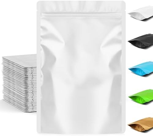 FUNFERY Stand Up Mylar Resealable Bags for Food Storage-White 5.5x7.8 inch by FUNFERY