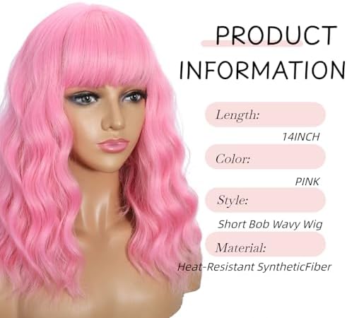 Sebast Pastel Bob Wigs with Bangs for Women Loose Wavy Wig Pastel Wavy Shoulder Length Bob Synthetic Cosplay Wig for Girl Colorful Costume Wigs (Pink) - Image 2