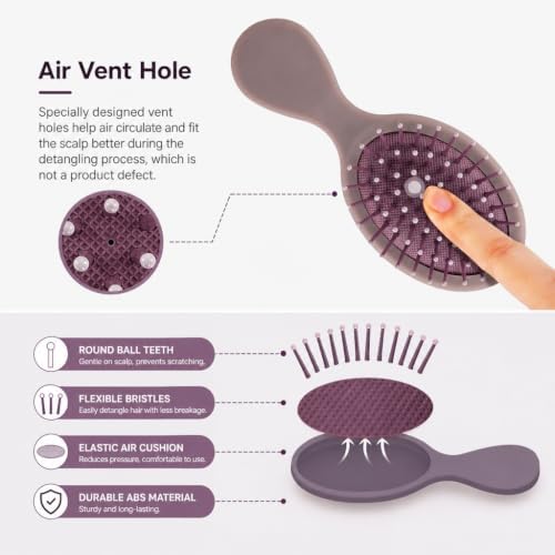 Mini Hair Bursh for Kids Women and Men, Protable Travel Size Hair Brush for Pockets Purse backpack, Mini Detangler Brush for All Hair Types, Small Hair Brush for Detangling(Purple) - Image 3
