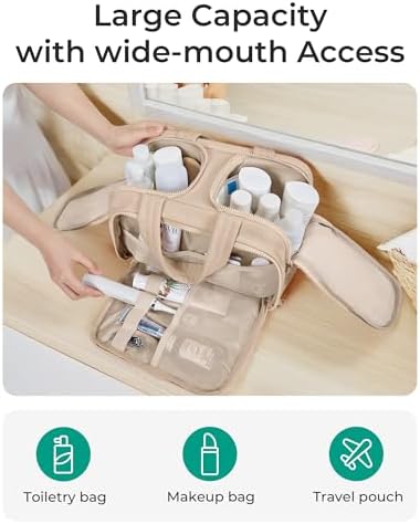 BAGSMART Travel Toiletry Bag, Puffy Toiletry Bag for Women, Wide-open toiletry bags for traveling, Large Travel Cosmetic Makeup Bag Organizer for Accessories,Toiletrie (Khaki) - Image 6