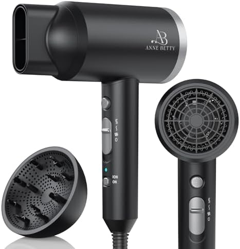 ANNE BETTY Ionic Hair Dryer with Diffuser, 1800W Blow Dryer for Women & Men, Fast-Drying, Lightweight, Low Noise, Hair Care Styling Tool for Home, Travel, Gifting by ANNEBETTY