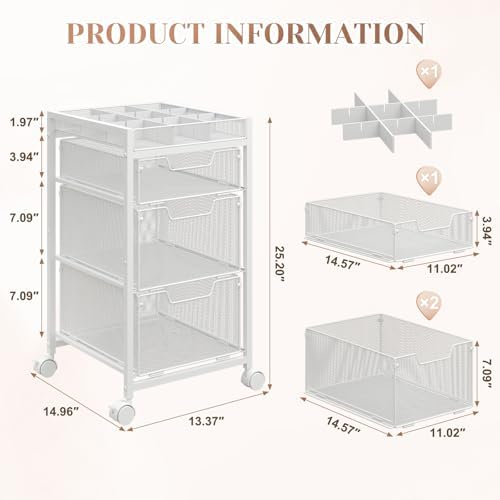 JKsmart Rolling Makeup Cart Organizer with 3 Drawers, Cosmetics Display with Dividers, Floor Skincare Storage with Wheels, Versatile Vanity Organizer for Nail Polish Perfume Brush Hair Tool, White - Image 3