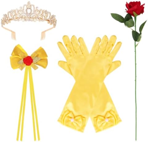 Princess Costume Accessories Crown Rose Hair Bow Yellow Gloves Kit by Uintoon