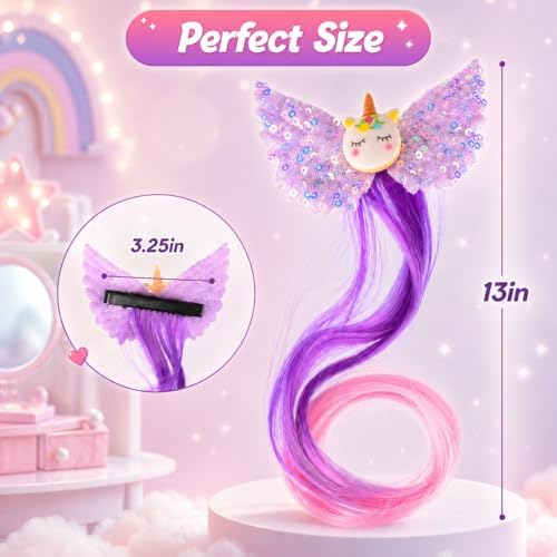 Ideal Swan 6 Set Unicorn Hair Extensions Clip - Colorful Curly Hair Extensions for Girls, Cute Unicorn Accessories Hair Clips for Kids Ponytails, Rainbow Thick Wig Clip in Fake Bangs (Curly Hair) - Image 2