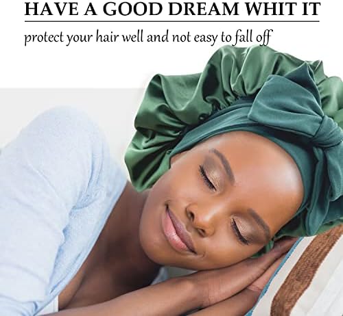 Satin Bonnet Silk Bonnet Hair Bonnet for Sleeping Large Bonnets with Tie Band Wrap with Adjustable Straps Cap Night Sleep Caps for Women Curly Braid Hair(Black,Hunter Green) - Image 2