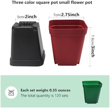 RooTrimmer Square Plastic Nursery Pot 3" 120 Pcs Deep Succulent Pots Small Flower Planter Seeds Starter Pots with Drainage (Green,Black,Red 40pcs Each,2.7Inches) - Image 2
