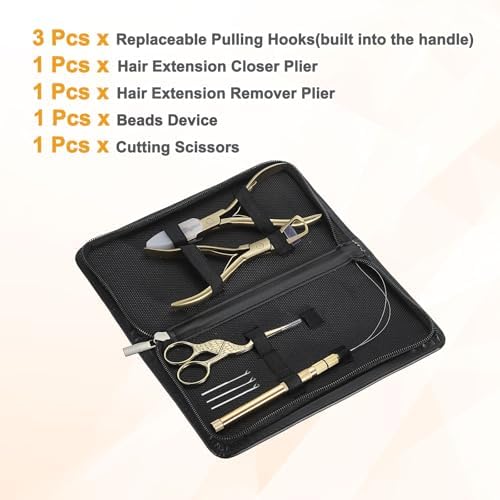 HARFINGTON Hair Extension Beading Tool Kit Stainless Steel Hair Extensions Micro Link Bead Closer and Remover Pliers Micro Ring Loop Needle Pulling Hook and Cutting Scissors, Gold Tone - Image 3