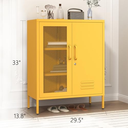 33" Metal Storage Cabinet with 2 Tier Removable Shelves Yellow Lockable Metal Bathroom Vanity Freestanding Sideboard with Mesh Doors for Home Living Room Bedroom Size：33" H X 29.5" W X 13.8" D - Image 2