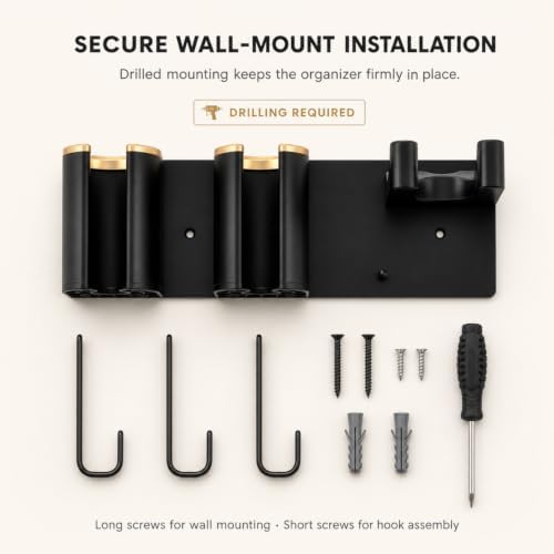 Hair Tool Organizer Wall Mount, 3 in 1 Vanity Organizer Hair Dryer and Curling Iron Holder, Curling Iron Holder Wall Mount, Blow Dryer Wall Mount Holder Black Gold Aluminum Alloy ABS - Image 4