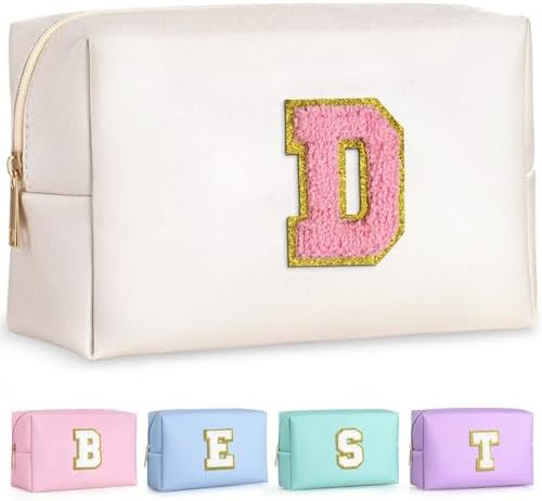 TOPEAST Preppy Small Makeup Bag, Chenille Letter Pouch Cosmetic Bag With Zipper, PU Leather Waterproof Toiletry Bag, Personalized Birthday Gift for Women, Cute Stuff for Girls (Pearly White D) by TOPEAST