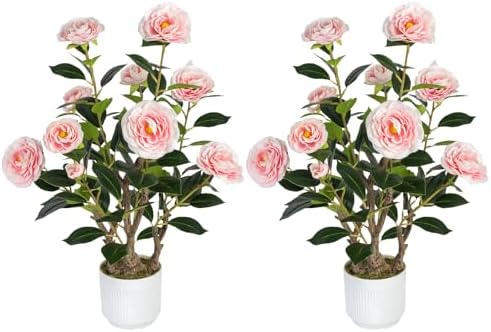 2 Pack Artificial Camellia Tree with White Pot, 24" Faux Potted Plants for Indoor Outdoor Decor, Tall Silk Greenery Plant for Home Office Living Room Balcony, Pink by Jcezvnt