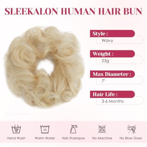 Messy Bun Hair Pieces Human Hair, Wavy #60 Platinum Blonde - Image 3