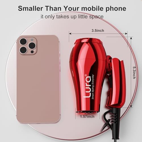 LURA Mini Portable Travel Hair Dryer:Dual Voltage Small Lightweight Blow Dryer with EU Plug,1200W Compact Hairdryer with Folding Handle,with Concentrator&Diffuser Attachment,for Women and Men(Red) - Image 2