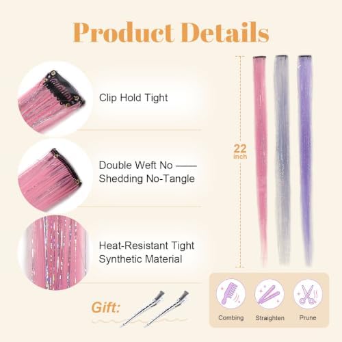 Colored Hair Extensions Mix Tinsel, Clip in Glitter Fairy Hair for Girls - Image 4