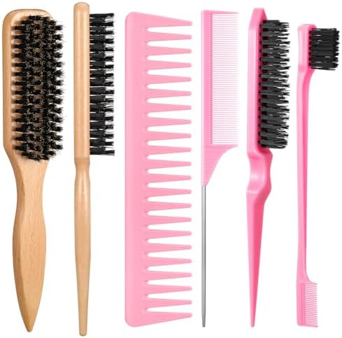 6 Pcs Boar Bristle Slick Back Hair Brush with Pink Edge Brush, Rat Tail Comb and Wide Tooth Comb for Women Men by auroray