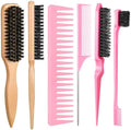 6 Pcs Boar Bristle Slick Back Hair Brush with Pink Edge Brush, Rat Tail Comb and Wide Tooth Comb for Women Men by auroray