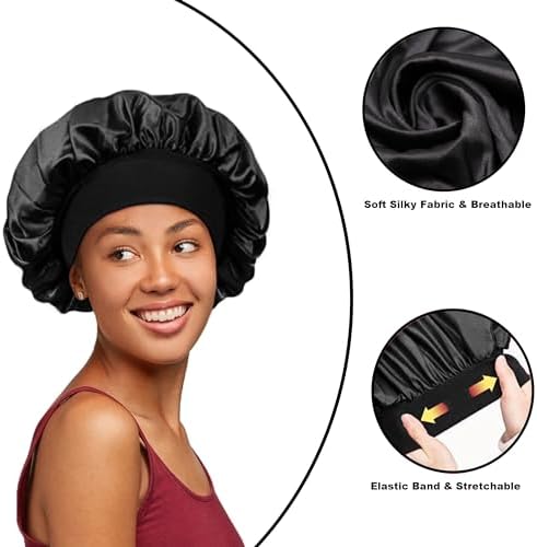 12 Pieces Silk Bonnet for Women Curly Hair Satin Bonnet Hair Wrap for Sleeping Cap with Tie Band (Black) - Image 2