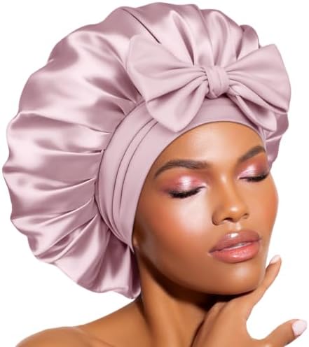 BONNET QUEEN Silk Bonnet for Sleeping Women Satin Bonnet Night Sleep Cap Wrap for Curly Hair with Adjustable Tie Band, Single Layer, Grey Rose Gold by BonnetQueen