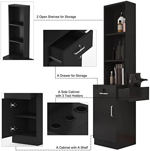 Paddie Hair Salon Stations, Lockable Barber Stations Wall Mount Salon Equipment for Hair Stylist with 1 Lockable Drawer, 3 Holders & 1 Storage Cabinet (with Holders, Black) - Image 4
