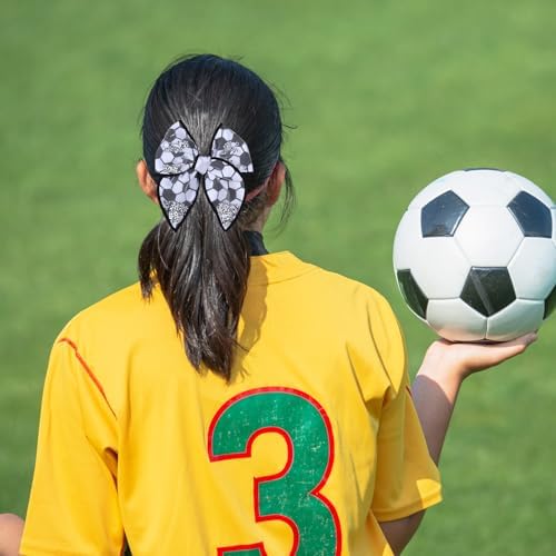 Black White Soccer Hair Bows for Girls, 4" Mesh Tulle Fable Bow Hair Clips - Image 3