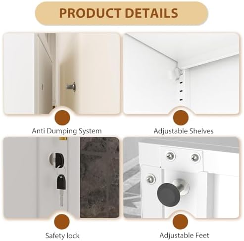 Tall Metal Narrow Bathroom Storage Locker Cabinet 67" H, White Kitchen Pantry Cabinets,File Cabinet Organizer with 5 Adjustable Shelves and Lockable Doors for Kitchen Home Office Living Dining Room - Image 4