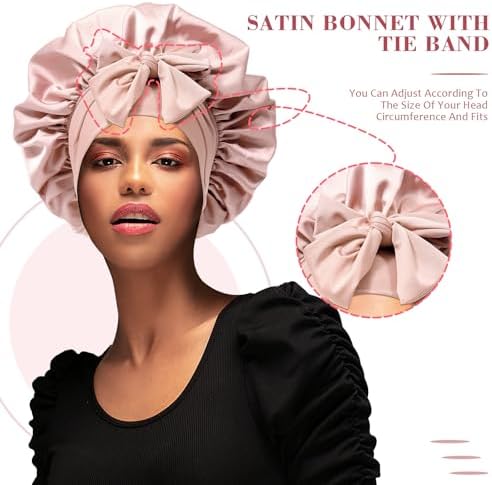 AWAYTR Wide Band Satin Bonnet, Tie-Band Sleep Cap for Curly Hair Women - Image 4