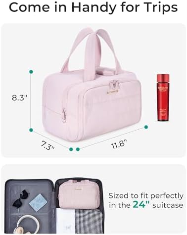 BAGSMART Travel Toiletry Bag, Crush Toiletry Bag for Women, Wide-open Puffy Toiletry Bags for Traveling, Large Travel Cosmetic Makeup Bag Organizer for Accessories,Toiletrie, Pink - Image 6