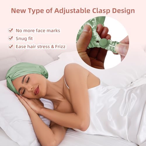 Adjustable Silk Satin Hair Bonnet for Sleeping Women, Double Layer, Silk Hair Wrap for Sleeping Women Men, Curly Natural Braid Straight Unisex - Green - Image 2
