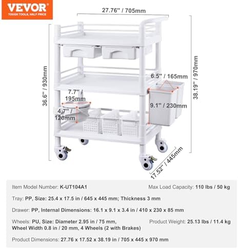 VEVOR Medical Mobile Trolley Cart with 2 Drawers & 3 Trash Cans, 3 Tiers Beauty Salon Rolling Trolley with 4 Silent Wheels & 2 Dirts Bucket & Bowl, Medical Utility Cart for Hospital Dental Clinic Lab - Image 7