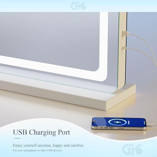 Gvnkvn Makeup Vanity Mirror with USB Charging Port 28" x 22" Large LED Makeup Mirror, Desk Mirorr with Lights, Light up Mirror with 10X Magnification and, Dimmable 3 Modes, Touch Control White - Image 2
