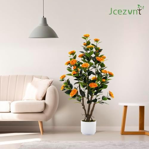 2 Pack Artificial Camellia Tree with White Pot, 38" Faux Potted Plants for Indoor Outdoor Decor, Tall Silk Greenery Plant for Home Offce Living Room Balcony,White, Orange - Image 5