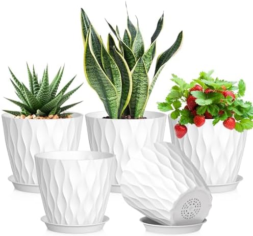 Meowell 7 inch Plant Pots for Indoor Outdoor Plants, 5 Pack Thick Nursery Pots with Drainage Holes and Saucers, 3D Modern Wave Texture Plastic Planter Pots for Flowers and House Plants, White by Meowell