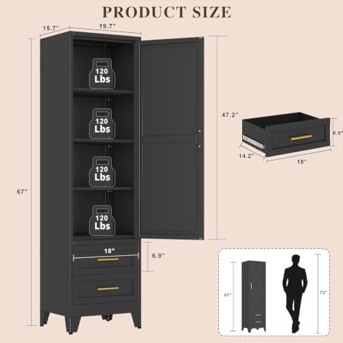 Tall Metal Narrow Storage Cabinet 67" H with 2 Drawer, Black Pantry Cabinets with 3 Adjustable Shelves and Door,Tall Bathroom Cabinet for Kitchen, Home Office, Living Room, Dining Room - Image 2