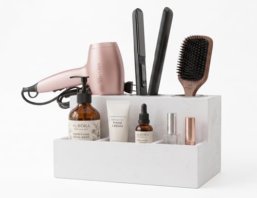 Hair Tools Organizer - Wood White - Blow Dryer, Straightener, Curling Wand, Brushes Holder - Vanity & Bathroom Storage - Wall Mount or Sit on Counter by Spiretro