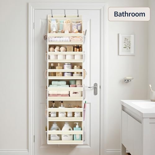 Yecaye 7 Tier Over the Door Organizer, Large Capacity Door Organizer Hanging with Clear PVC Windows, Behind the Door Storage for Bedroom Nursery Closet Laundry Pantry Bathroom, Cream White - Image 6