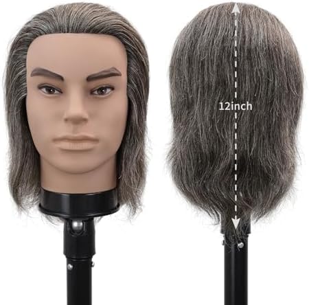 12" Male Barber Mannequin Head, 100% Real Human Hair Salt & Pepper Pale Ash Grey White Hair, Hair Cutting Styling Practice Manikin for Hairdresser Training, Free Clamp Stand Included (Black and white) - Image 6