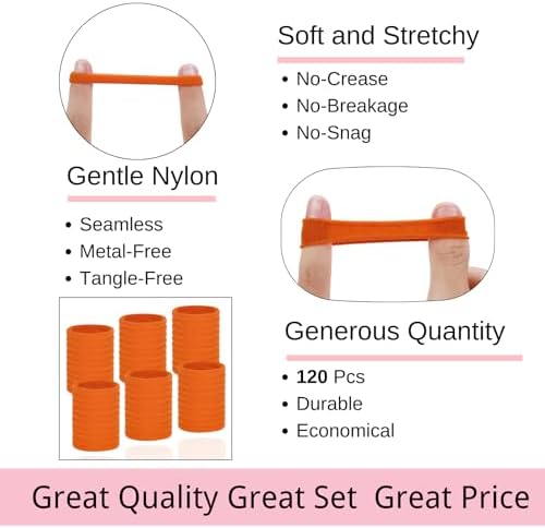 LuSeren 120 Pcs Orange Hair Ties for Women, No Damage Soft Seamless Nylon Hair Elastics for Thick Hair, Ponytail Holders, Solid Orange Hair Accessories - Image 3
