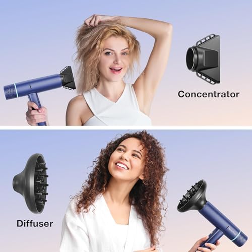 Ionic Hair Dryer with Diffuser and Concentrator, Professional Lightweight Quiet Blow Dryer, Powerful 1600 Watt Motor for Fast Drying and Straight & Wavy Hair, 3 Temps/2 Speeds, 6.56 Ft Cord, Blue - Image 3