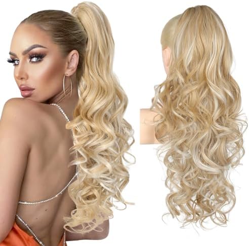 REECHO Ponytail Extension, 24" Claw Clip in Long Curly Wavy Ponytail Hair Extension Jaw Clip on Pony Tails Hairpiece for Women - Medium Blonde with Highlights by REECHO
