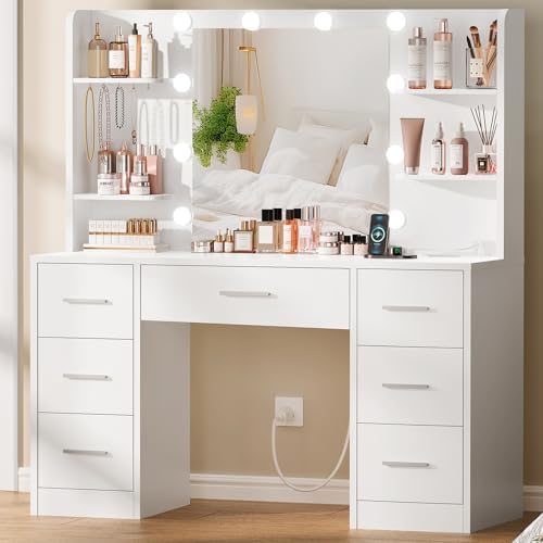 Quimoo Large Vanity Desk with LED Lighted Mirror & Power Outlet,Makeup Vanity Table with 7 Drawers,4 Shelves and 5 Hooks,Vanity Table, Vanity Desk Set for Bedroom,Bathroom,White - Image 2