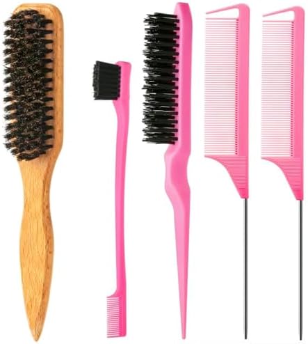 ZVOREI 5pcs Boar Bristle Slick Back Hair Brush Set, Pink by Unknown