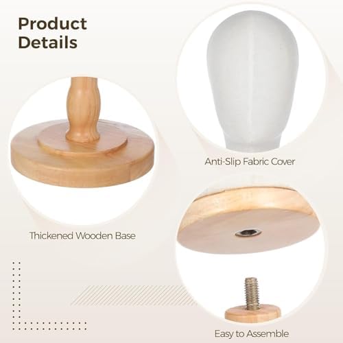 White Wooden Mannequin Head Stand Canvas Wig Head Stand with Detachable Wood Stand Linen Hat Dispaly Model Head for Caps Mannequin Head with Detachable Wood Base - Image 5