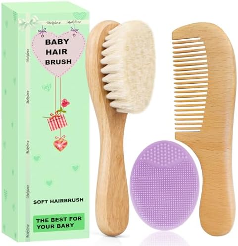 Baby Hair Brush and Comb Set for Newborns & Toddlers | Wooden Baby Brush Set with Soft Goat Bristles l Wood Comb l Purple Cradle Cap Brush| Ideal for Cradle Cap (3 Piece) by Molylove