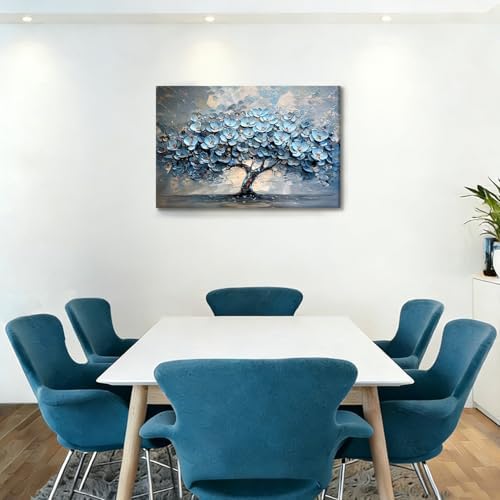 EEYNAQQ Blue Floral Tree Wall Art, 3D Textured Tree of Life Canvas Painting, Abstract Nature Flower Wall Decor for Living Room Bedroom, 16x24 Inches Ready to Hang - Image 2