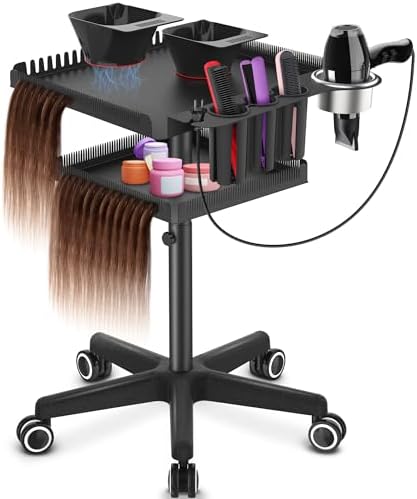 TASALON Professional Hair Extensions Organizer Cart Metal Salon Tray Cart with 2 Magnetic Bowls, Hair Dryer Holder, Adjustable Rolling Base, Black by TASALON
