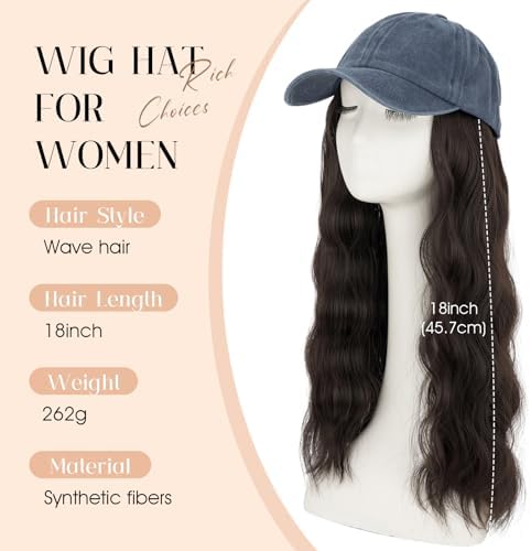 Rich Choices Hat Wigs for Women,Denim Blue Baseball Cap with Hair Extensions for Women,Caps with Wavy Curly Synthetic Long Hair Attached Adjustable Baseball Cap Wig 18 Inch Dark Brown Hair - Image 2