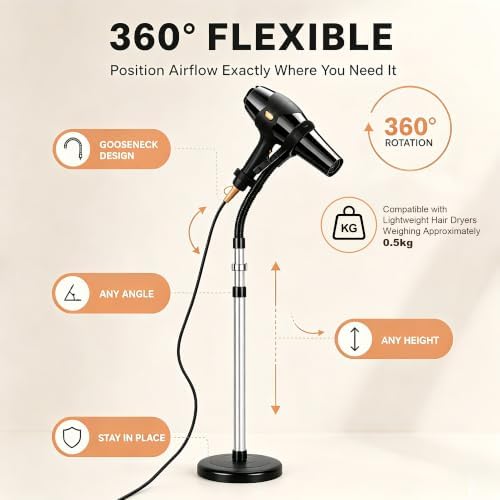 Erytlly Hair Dryer Stand Hands Free 360-Degree Rotating 2 Heads Adjustable Height Metal Hair Dryer Holder Blow Dryer Holder About for 0.5kg Hair Dryer in Bathroom, Vanity, Makeup Room Basic New - Image 5