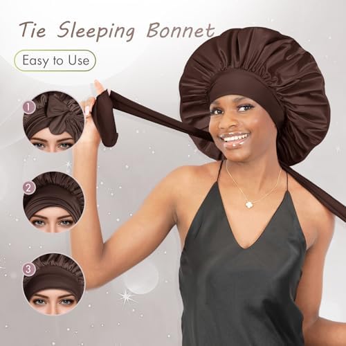 BONNET QUEEN XL Large Silk Like Bonnet for Sleeping for Curly Hair,Satin Bonnet with Adjustable Tie Band, Brown - Image 4