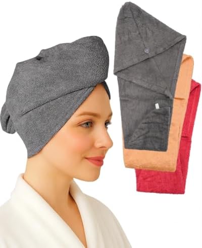 Textila 100% Cotton Hair Wrap Towels for Women, (Pack of 3 - Raspberry, Peach & Grey) Head Towel Cap, Cotton Hair Turban Towel Wrap for Long Curly Anti Frizz Hair, Soft and Absorbent Cotton Hair Towel by TEXTILA